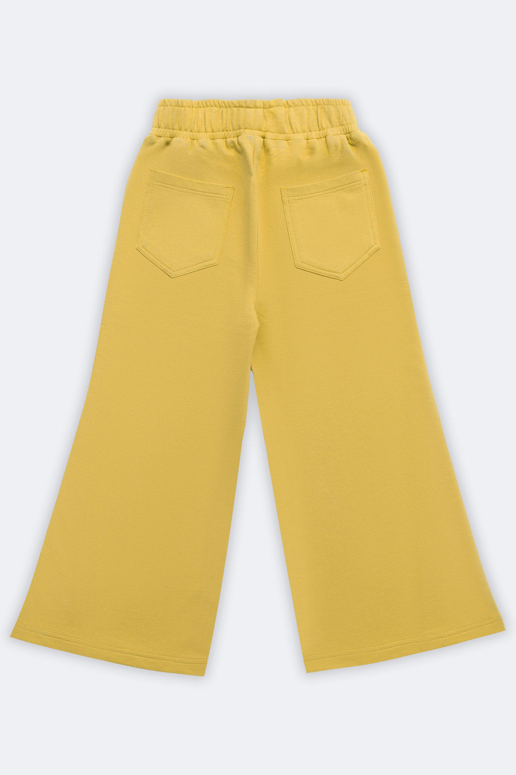 Yellow flared palazzo pants with elastic waistband and slant pintucks on both sides