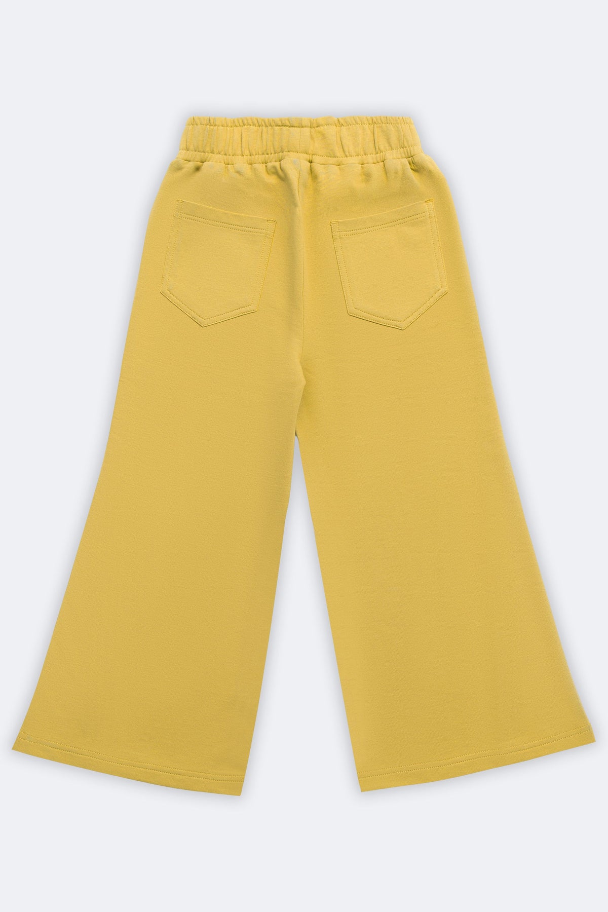 Yellow flared palazzo pants with elastic waistband and slant pintucks on both sides