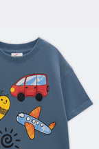 Blue comfort tee close-up with crayon-style red van and plane graphic