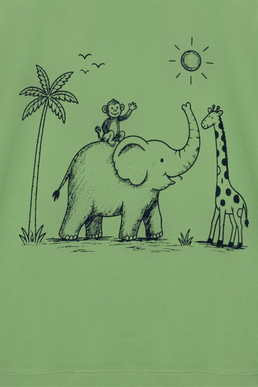 Lime green kids comfort tee with jungle elephant and giraffe line-art graphic