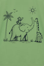 Lime green kids comfort tee with jungle elephant and giraffe line-art graphic