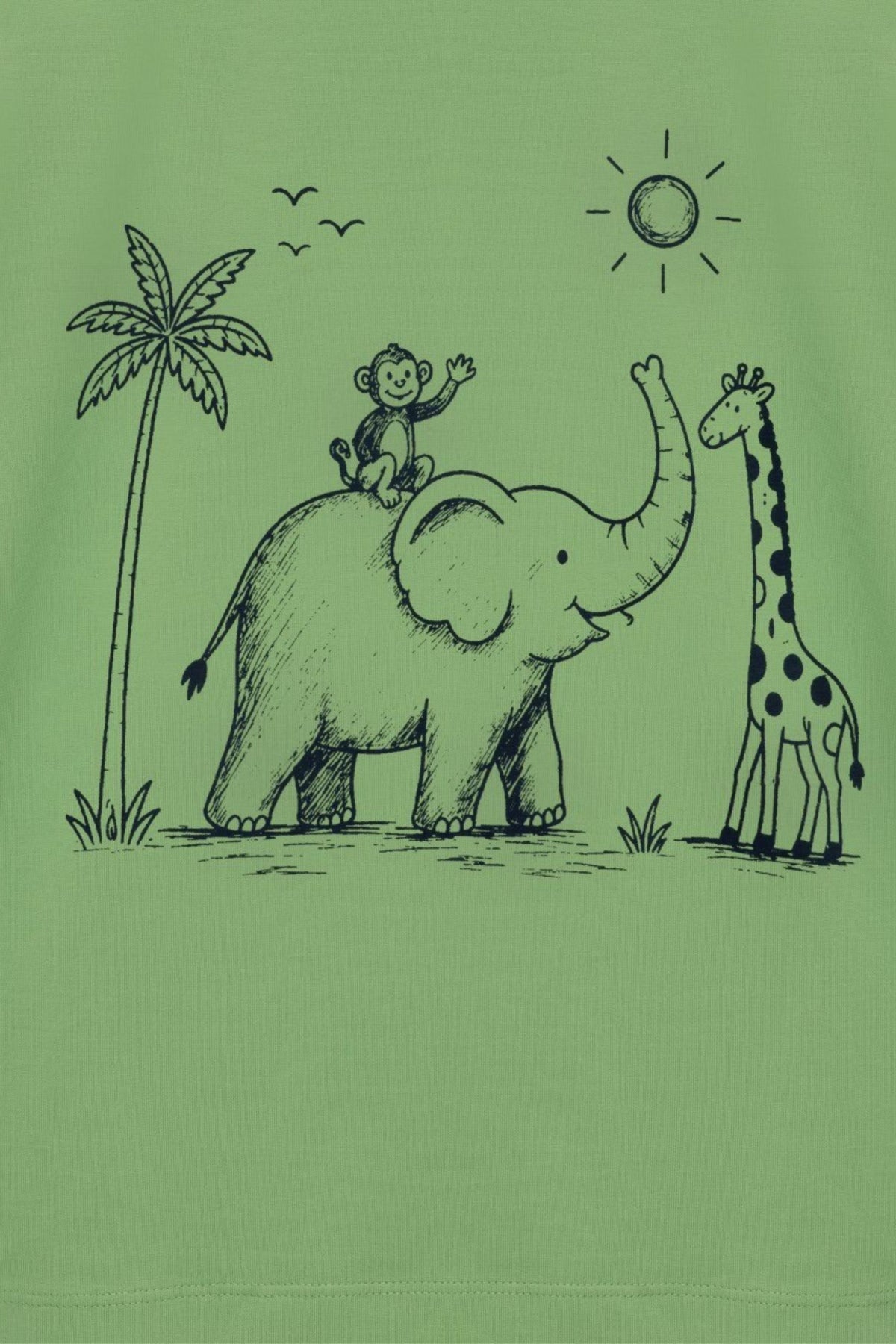Lime green kids comfort tee with jungle elephant and giraffe line-art graphic