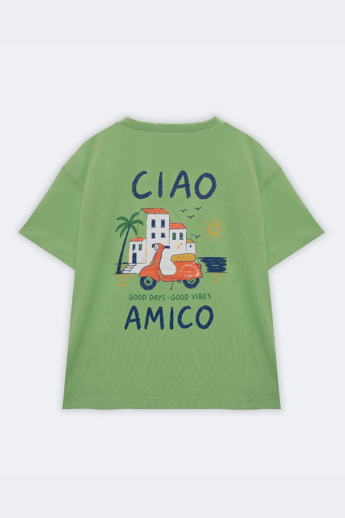 Green kids comfort tee with scooter scene and “GOOD DAYS GOOD VIBES” text