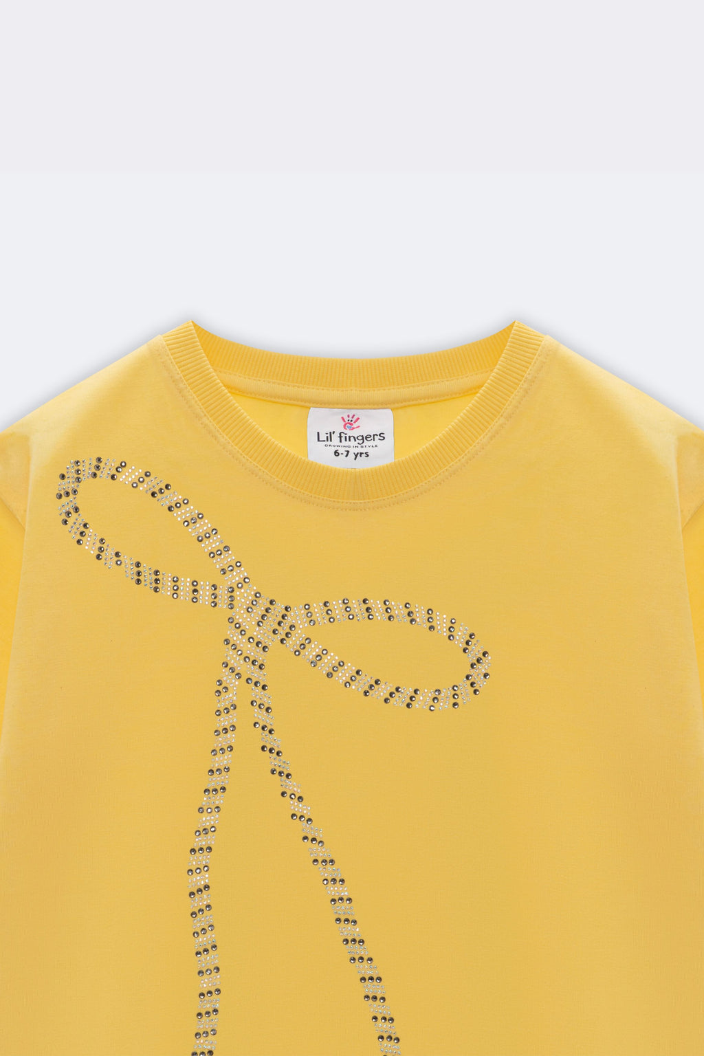 Yellow tee with beaded bow embroidery and crew neck label
