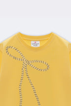 Yellow tee with beaded bow embroidery and crew neck label