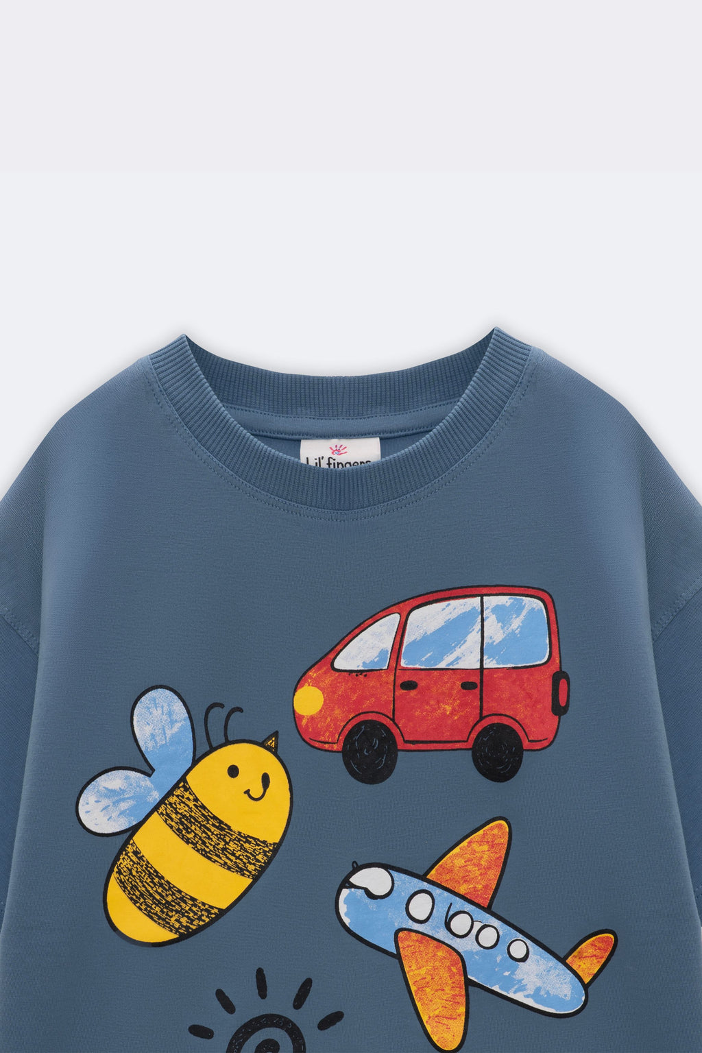 Blue comfort tee with crayon-style red van, bee and plane graphic at chest