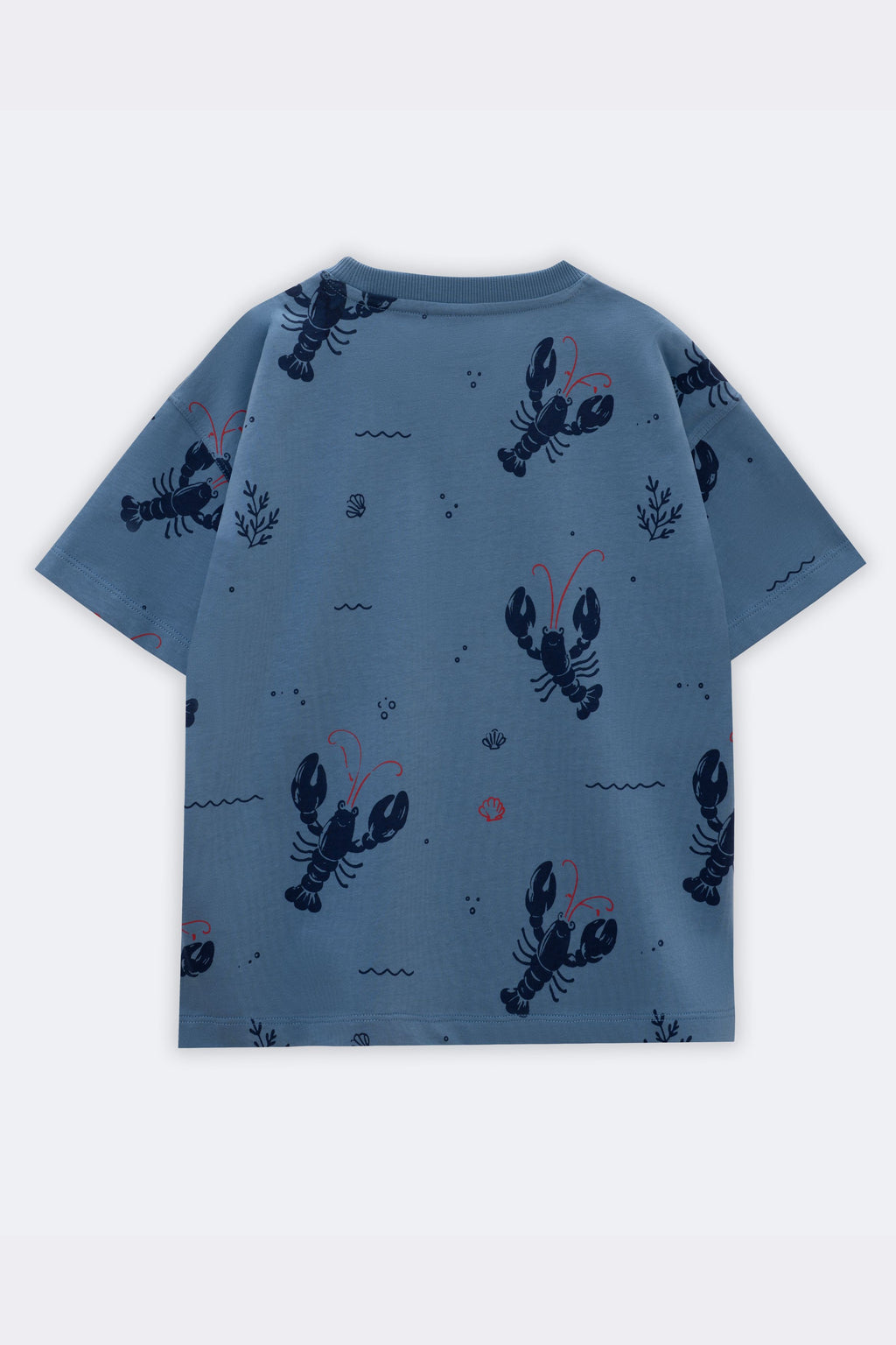 Light blue kids comfort tee with all-over lobster pattern, waves, and red details