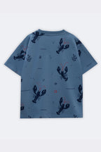 Light blue kids comfort tee with all-over lobster pattern, waves, and red details