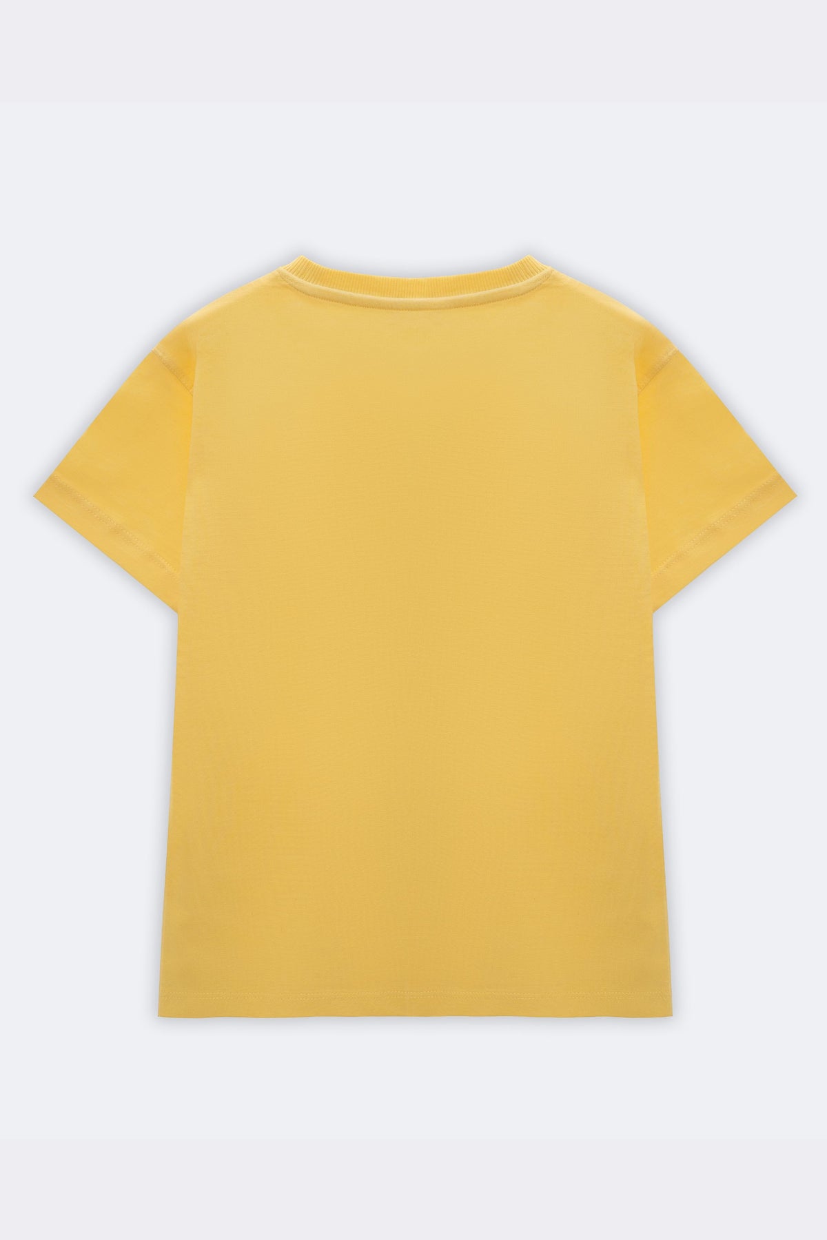 Yellow crew-neck tee, plain back with no visible embroidery