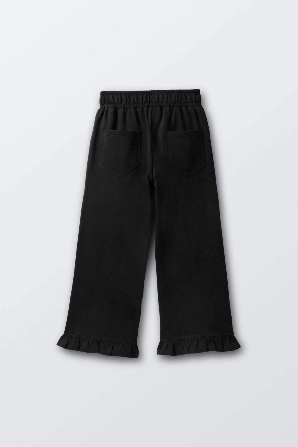 Black flared palazzo pants with elastic waistband and wide straight legs