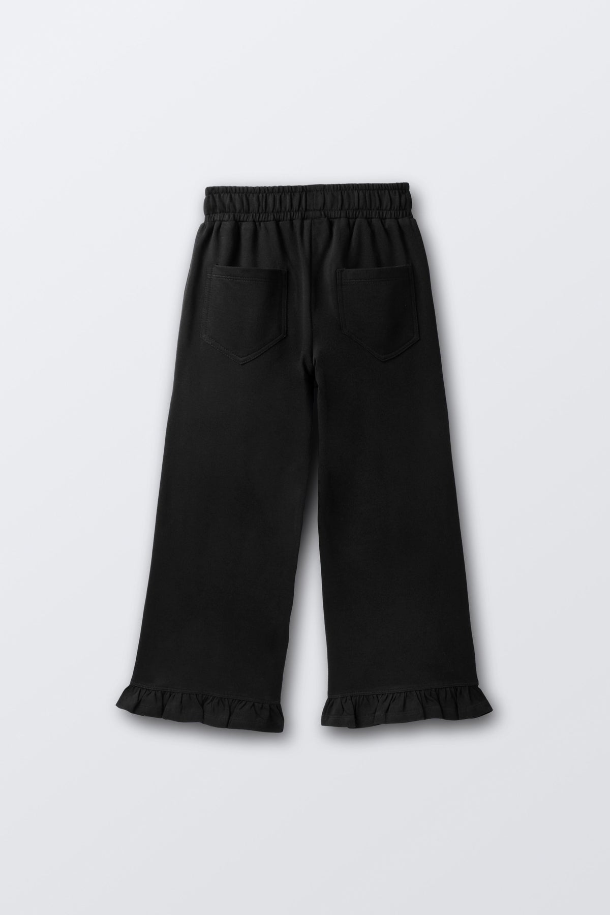 Black flared palazzo pants with elastic waistband and wide straight legs