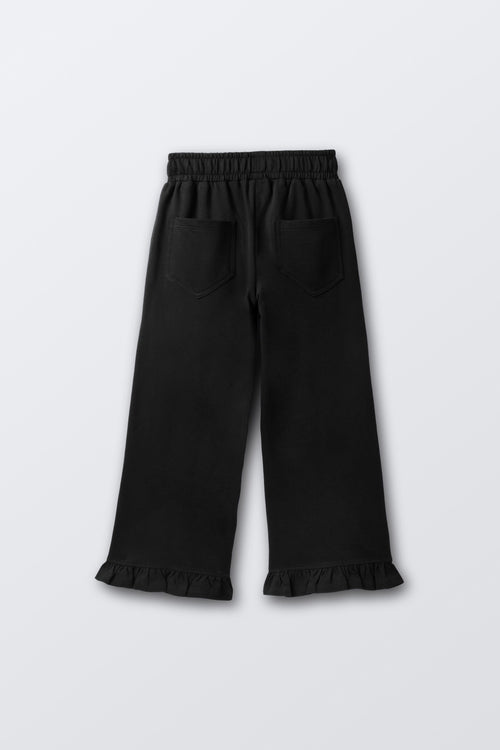 Black flared palazzo pants with elastic waistband and wide straight legs