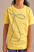 Yellow comfort tee with beaded bow design on chest, short sleeves