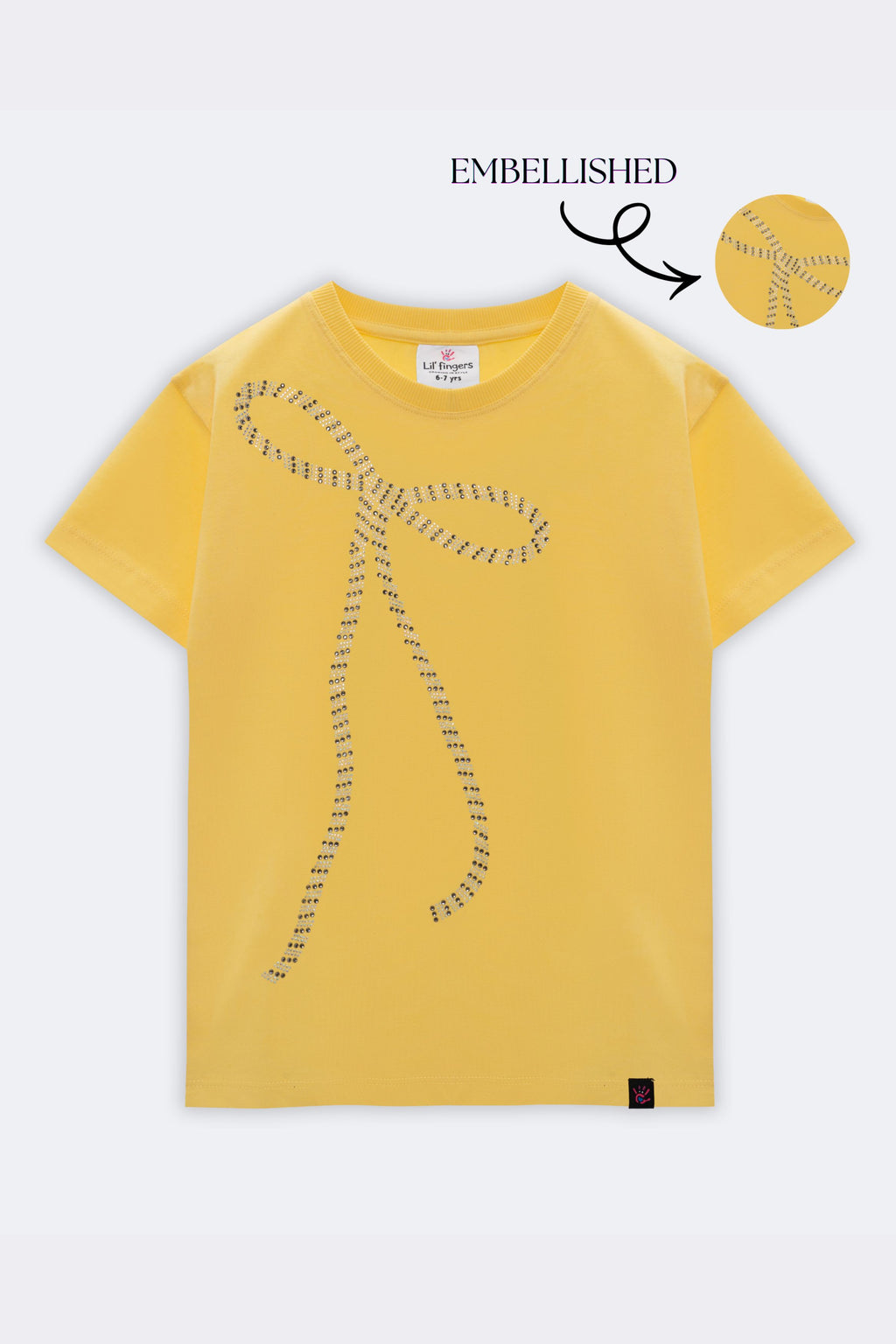 Yellow kids' tee with beaded bow embroidery on the front, crew neck