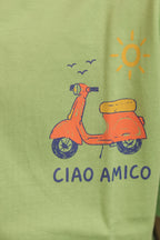 Green kids comfort tee with scooter, sun icon, and “CIAO AMICO” front graphic