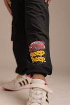 Black jogger leg with car “Beep Beep” puff print