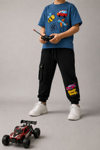 Black comfort joggers with car “Beep Beep” puff print and side cargo pocket