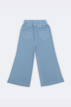 Light blue flared palazzo pants with elastic waist and front patch pockets