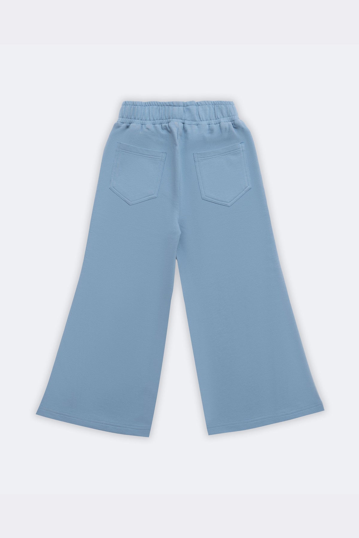 Light blue flared palazzo pants with elastic waist and front patch pockets