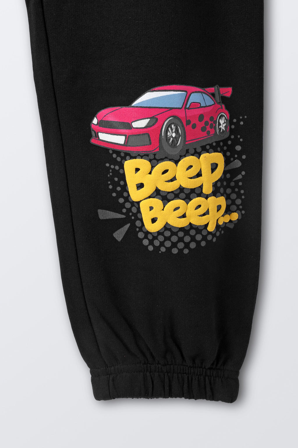 Black jogger leg with car “Beep Beep” puff print graphic