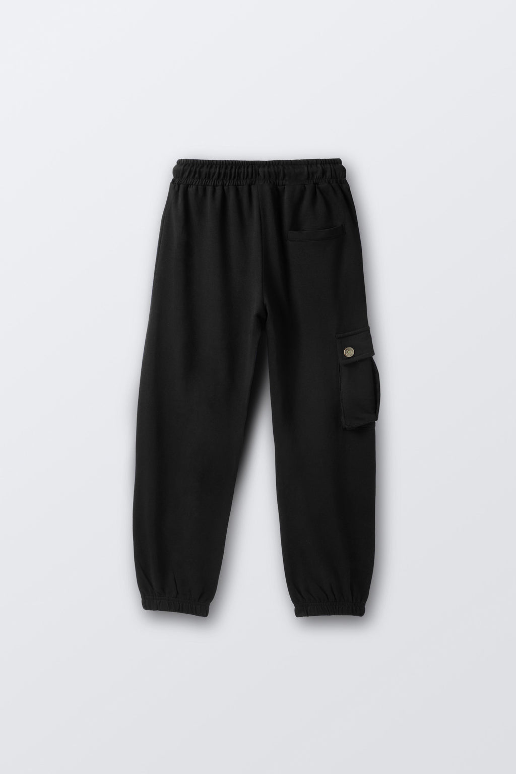 Black comfort joggers with elastic waist, drawstring, and side cargo pocket