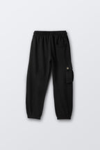Black comfort joggers with elastic waist, drawstring, and side cargo pocket