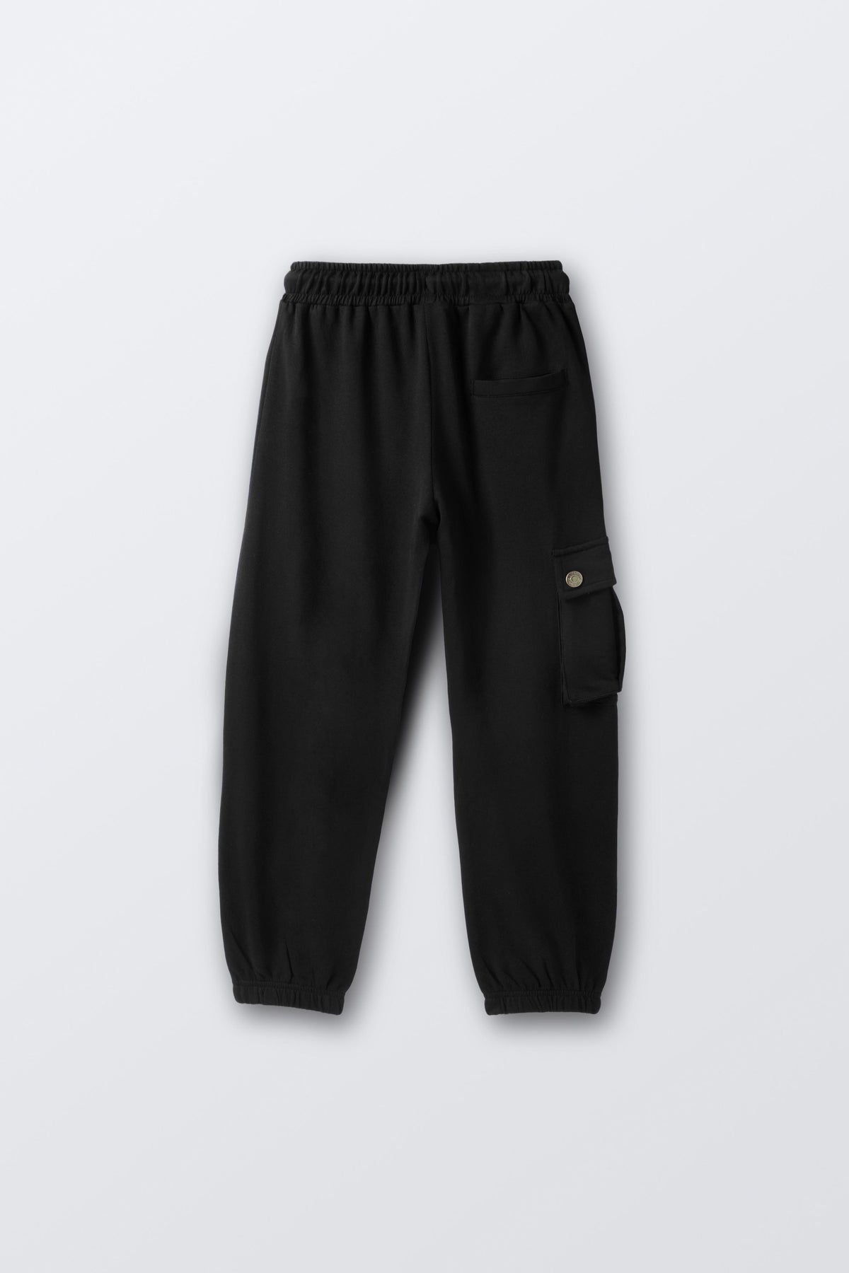 Black comfort joggers with elastic waist, drawstring, and side cargo pocket