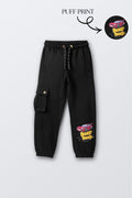Black comfort joggers with car “Beep Beep” puff print on leg and cargo pocket