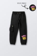 Black comfort joggers with car “Beep Beep” puff print on leg and cargo pocket
