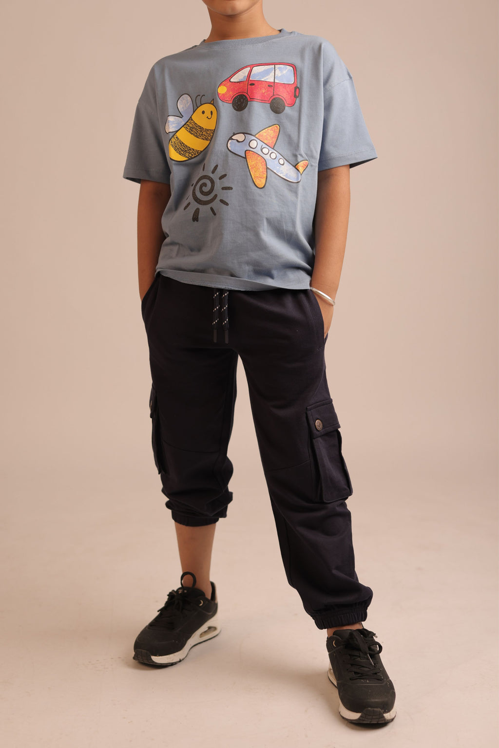 Black cargo pocket joggers with elastic cuffs and side pocket tabs