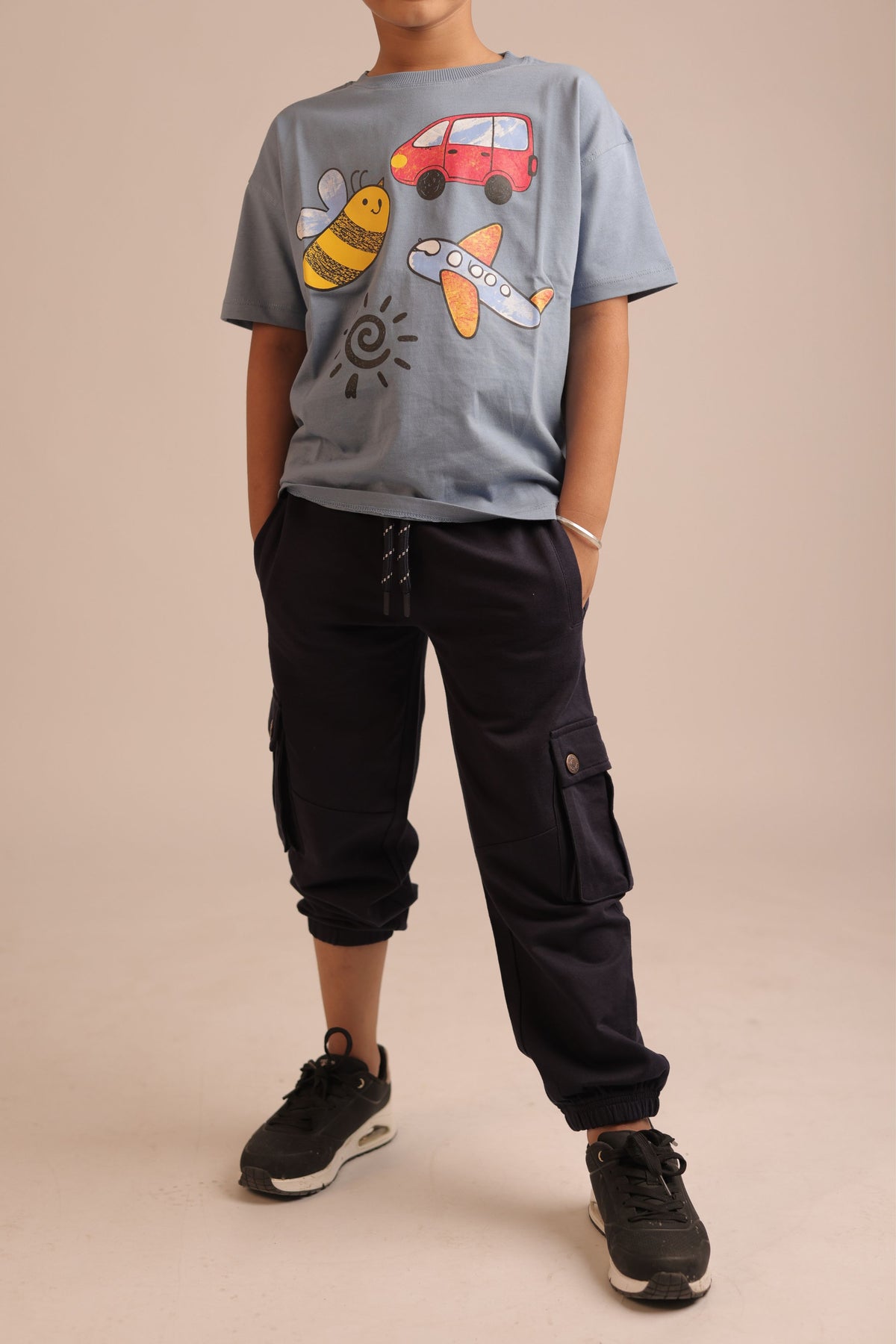 Black cargo pocket joggers with elastic cuffs and side pocket tabs