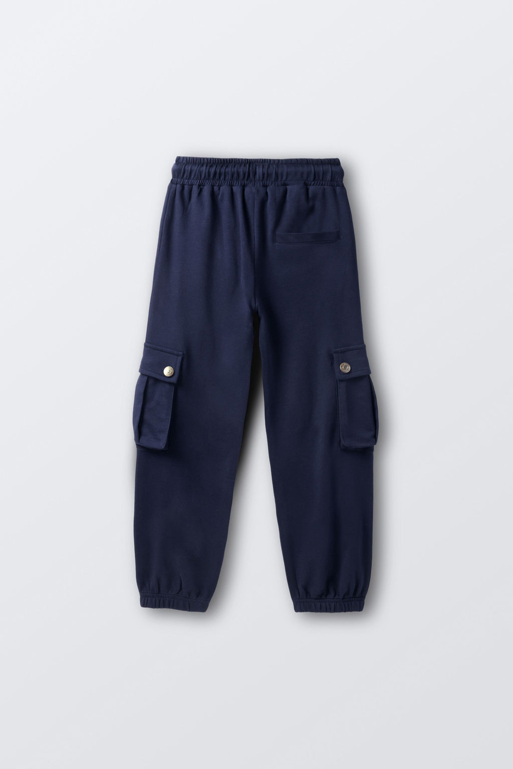 Navy cargo pocket joggers with elastic waistband, drawstring, and side cargo pockets
