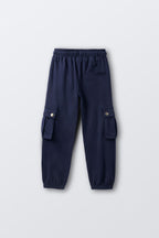 Navy cargo pocket joggers with elastic waistband, drawstring, and side cargo pockets