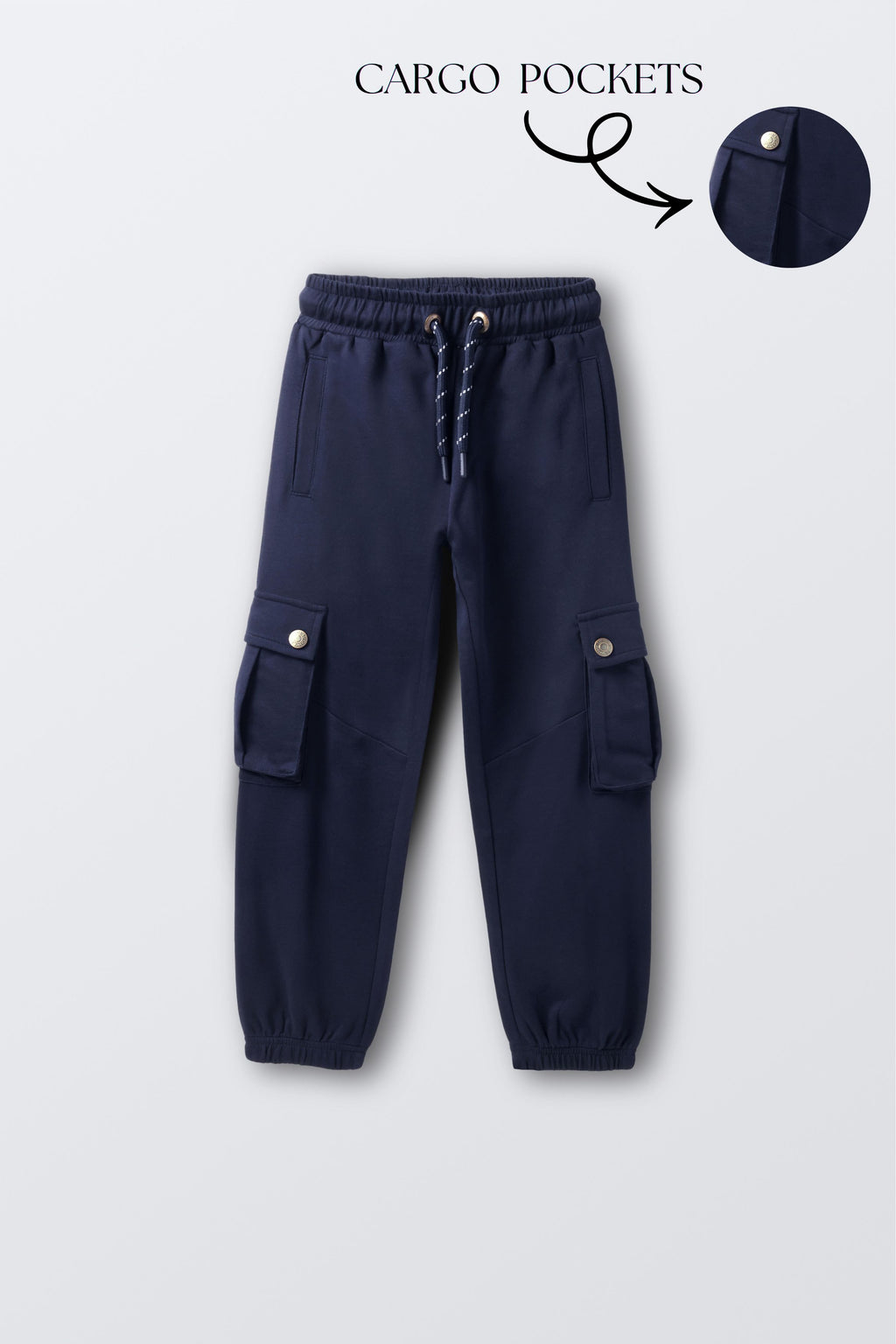 Navy cargo pocket comfort joggers with drawstring waist and snap button side pockets