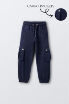 Navy cargo pocket comfort joggers with drawstring waist and snap button side pockets