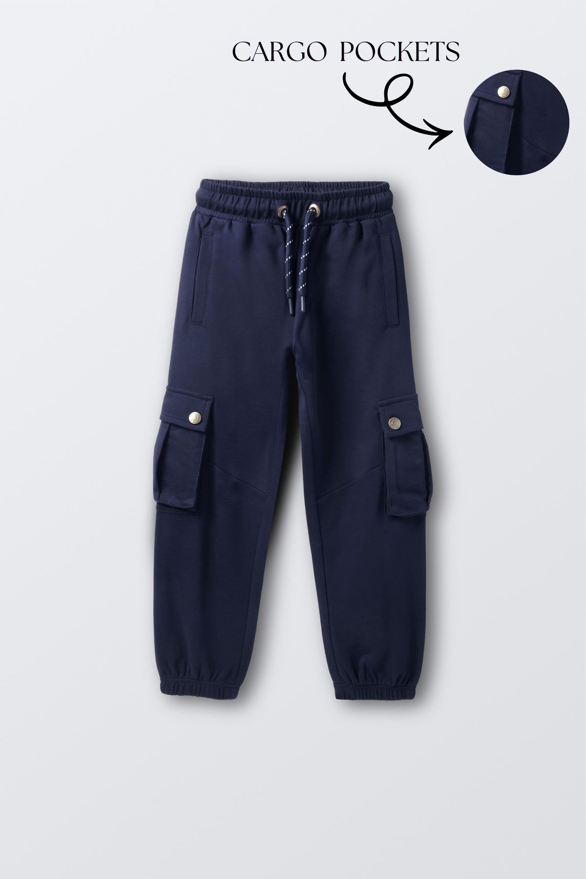 Navy cargo pocket comfort joggers with drawstring waist and snap button side pockets