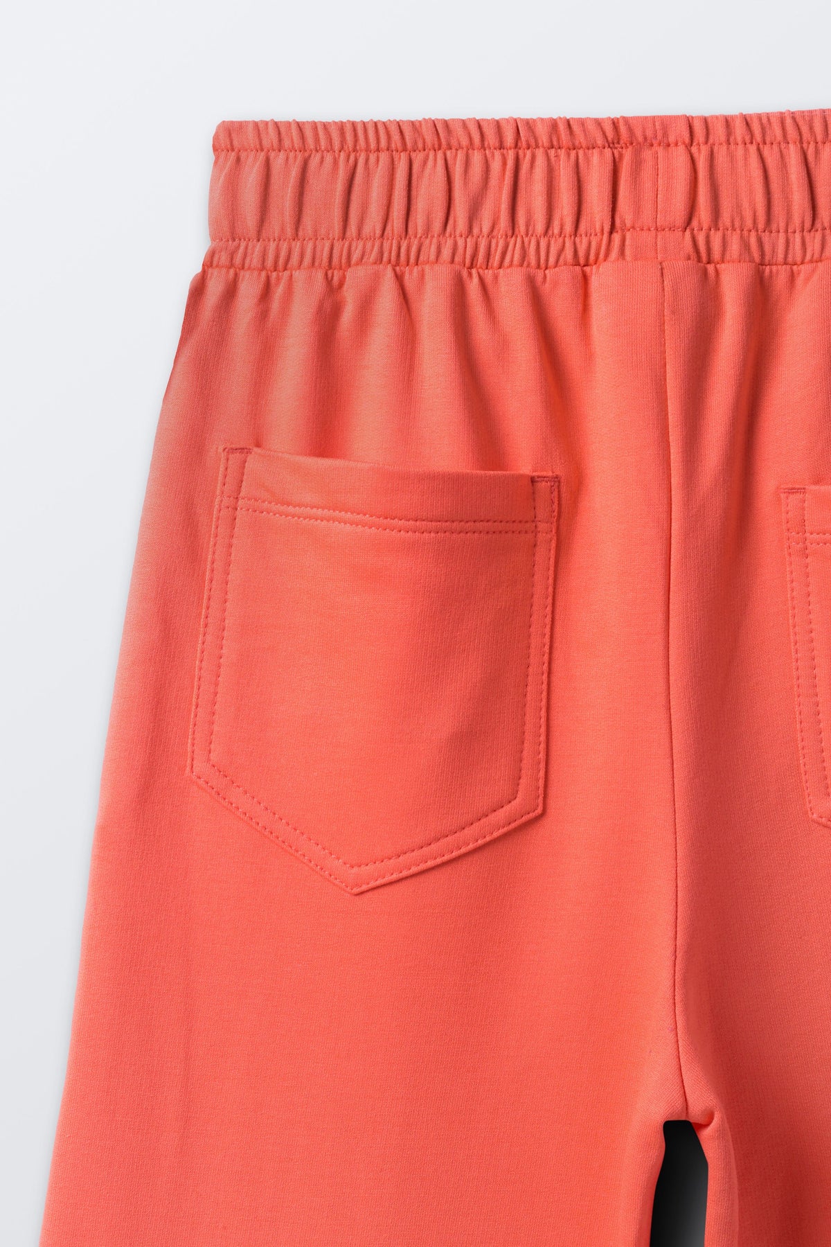 Coral front pocket detail on palazzo pants with pintucked seams