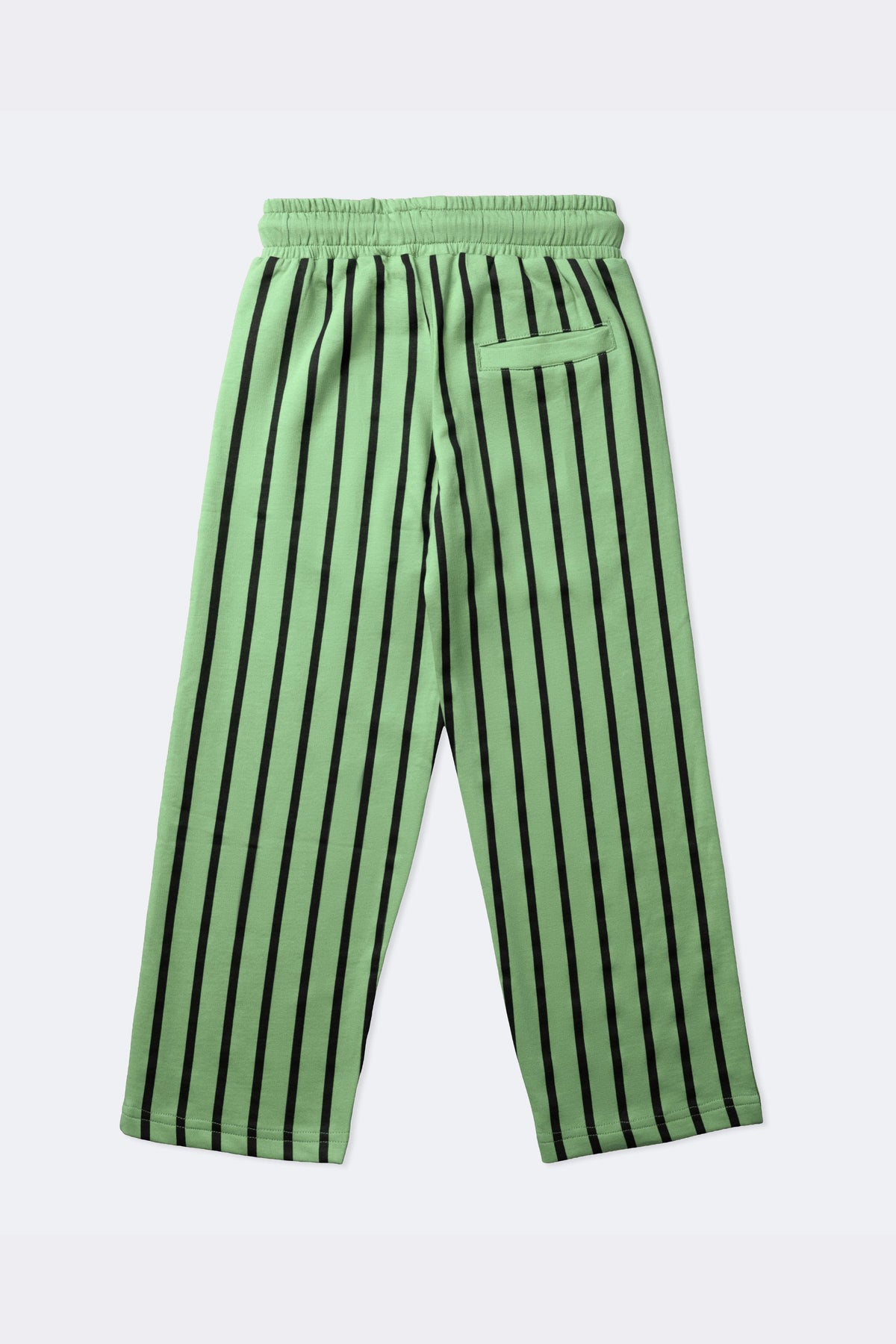 Green vertically striped track pants with elastic waistband and back pocket