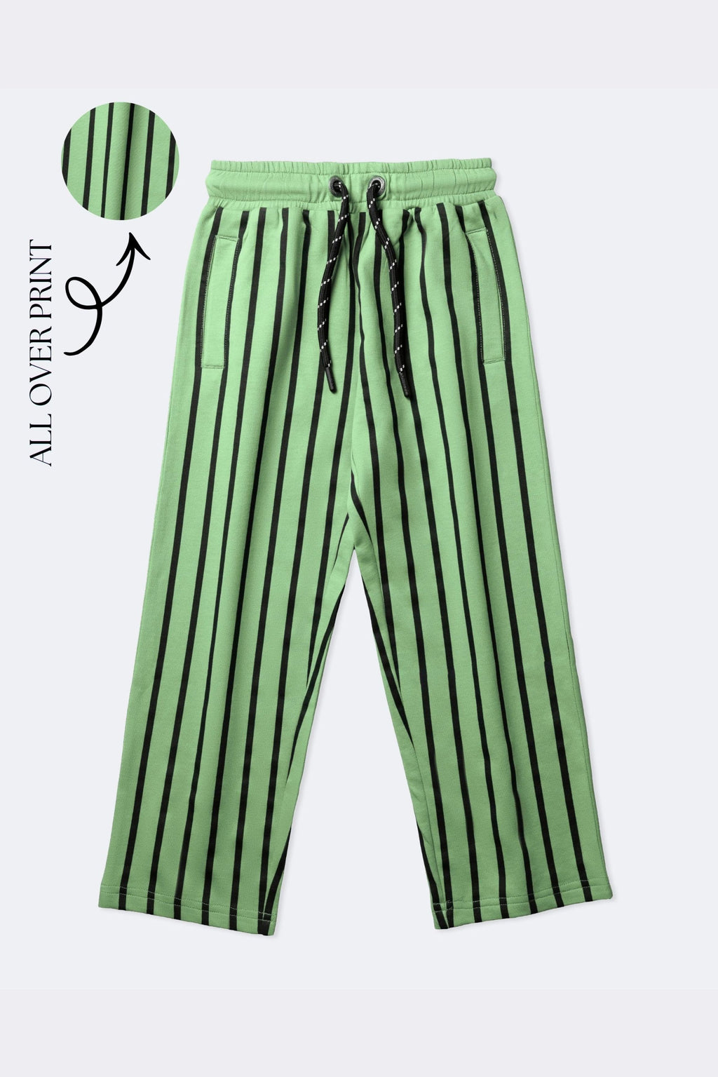 Green striped track pants with elastic waistband and drawstring, front and side pockets